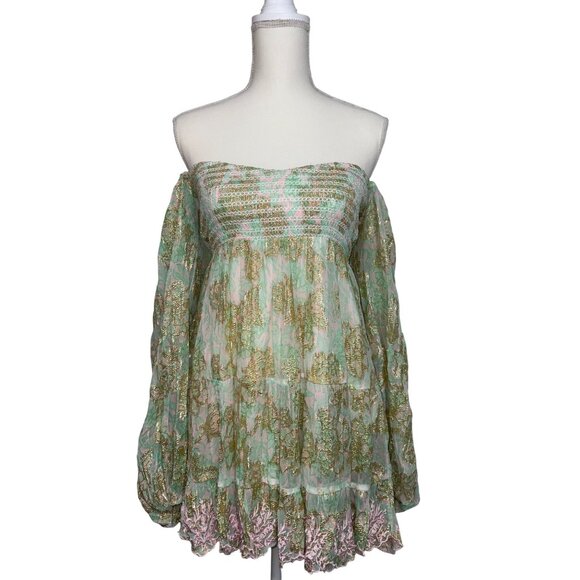 HEMANT AND NANDITA Sidra Mini Dress in Sea Green X-Small New Womens Metallic - Picture 5 of 12